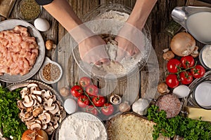 Chef Prepares Dough Pizza Pie Pasta Top View Background Ingredients Step Cooking Process