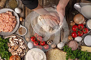 Chef Prepares Dough Pizza Pie Pasta Top View Background Ingredients Step Cooking Process