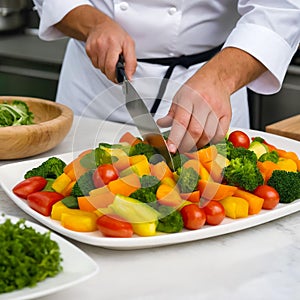 The chef prepares food for catering. Cutting vegetables close-up. Generative AI