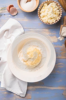 The chef prepares or  making dough for vareniky or pierogi in the kitchen. top view