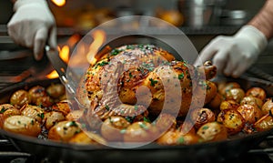 Chef prepares roast chicken in the oven close-up