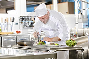 Chef prepares steak dish at gourmet restaurant kitchen