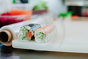 The chef prepares sushi. Preparing of the sushi