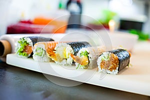 The chef prepares sushi. Preparing of the sushi