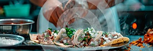 chef preparing authentic Mexican street tacos with sizzling meat, onions, and cilantro