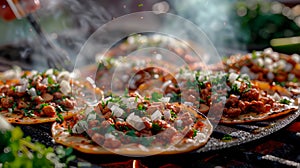 chef preparing authentic Mexican street tacos with sizzling meat, onions, and cilantro