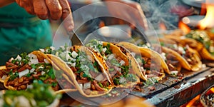 chef preparing authentic Mexican street tacos with sizzling meat, onions, and cilantro