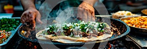 chef preparing authentic Mexican street tacos with sizzling meat, onions, and cilantro