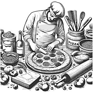 Chef Preparing Classic Pepperoni Pizza raster