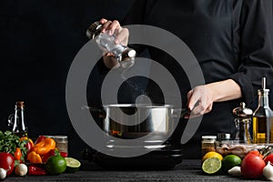 Chef preparing dishes, salt water, freezing in motion on a dark blue background, fresh vegetables and ingredients, recipe book