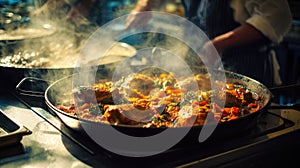 Chef preparing a flavorful stew with vegetables in a professional kitchen setting