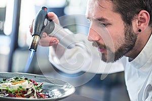 Chef preparing food. Cook flamed using FlambÃÂ© gun pistol. Chef flambe vegetable salad with goat cheese. Gourmet cuisine