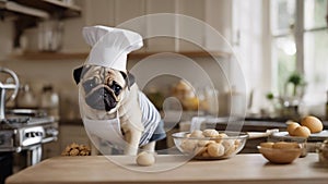 chef preparing food A pug puppy wearing a tiny chefs hat and apron, standing on a stool in a kitchen, hilariously photo