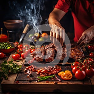 Chef preparing food, spicy grilled ribs with fresh chilies, tomatoes, hurb, hot sauce on wooden cutting board