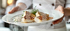 Chef preparing grilled fish fillet in creamy butter lemon or cajun spicy dripping sauce