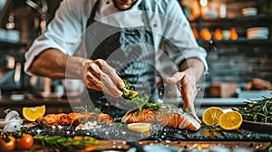 Chef preparing grilled fish fillet in creamy butter lemon or cajun spicy sauce with herbs