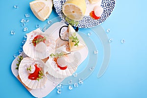 Chef preparing healthy gourmet food, seared scallops with caviar on on a beautiful dish in shellfish shells. A