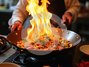 Chef preparing noodles and vegetables in flaming wok photo