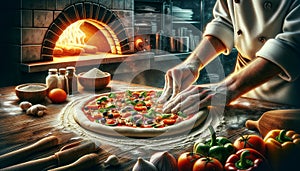 Chef preparing pizza in a traditional kitchen