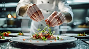 A chef is preparing a plate of food with a garnish of parsley