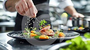 A chef is preparing a plate of food with a garnish of parsley