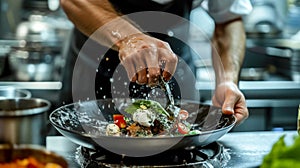 A chef is preparing a plate of food with a garnish of parsley