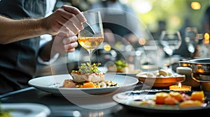 A chef is preparing a plate of food with a garnish of parsley