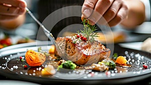 A chef is preparing a plate of food with a garnish of parsley