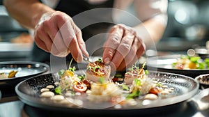 A chef is preparing a plate of food with a garnish of parsley