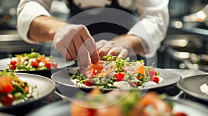 A chef is preparing a plate of food with a garnish of parsley