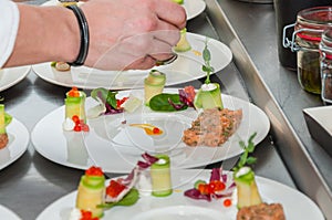 Chef preparing red tuna and salmon tartar