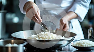 a chef preparing a rice dish in a modern kitchen, illustrating