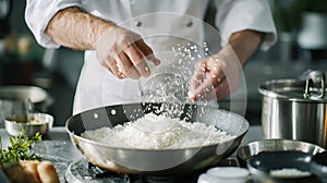 a chef preparing a rice dish in a modern kitchen, illustrating