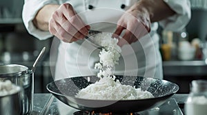a chef preparing a rice dish in a modern kitchen, illustrating the process