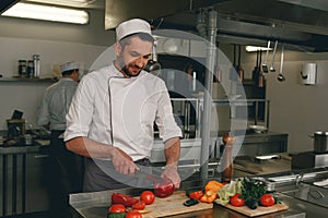Chef preparing salad in the modern kitchen of restaurant. Tasty and healthy food