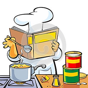 Chef preparing soup and reading recipe cookbook.