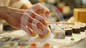 A chef is preparing sushi rolls on a cutting board