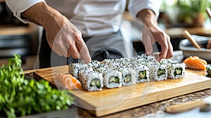 Chef preparing sushi rolls on a wooden board