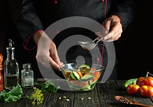 Chef is preparing a vegetable salad for breakfast in the kitchen. The cook adds paprika to the vitamin salad in a bowl on the