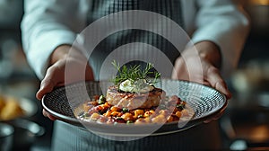 Chef presenting gourmet dish, restaurant kitchen