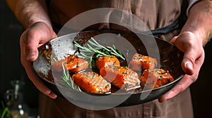 Chef presenting gourmet pan-seared salmon chunks garnished with fresh rosemary. Culinary delights in a rustic setting