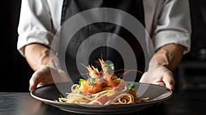 Chef presenting a gourmet shrimp pasta dish in a dimly lit restaurant. Culinary art and fine dining, Italian cuisine