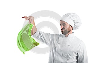 Chef with radioactive and contaminated meat steak. Concept of pollution, unhealthy and harmfulness