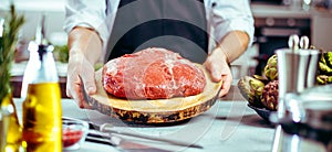 Chef in restaurant kitchen cooking,he is cutting meat or steak