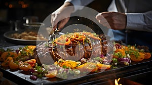 Chef in restaurant kitchen cooking preparing beef steak