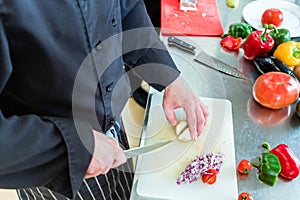 Chef in restaurant kitchen cutting onions