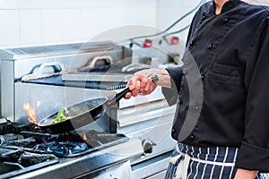 Chef roasting vegetables in restaurant kitchen