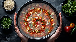 chef carrying a pot of thick soup