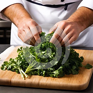 Chef\'s hand and parsley. Generative AI
