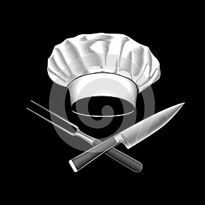 Chef`s hat with crossed knife and fork.